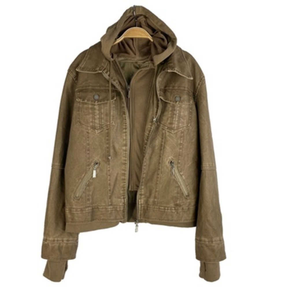 Lock and Love Women Faux Leather Hooded Moto Jacket XL Brown Distressed Gorpcore